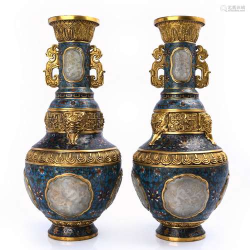 FINE PAIR OF JADE-INSET CLOISONNE ENAMEL VASES, QINGLON