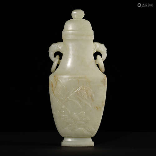 QIANLONG HETIAN WHITE JADE ELEPHANT-HANDLE VASE