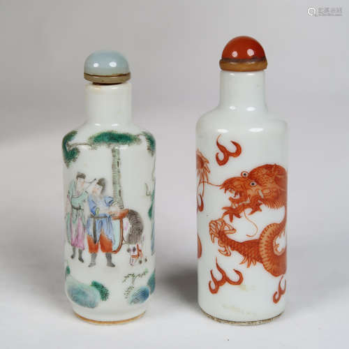 PAIR FAMILLE ROSE SNUFF BOTTLE & IRON RED SNUFF BOTTLE