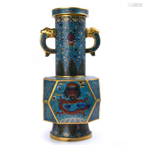 CLOISONNE ENAMEL DOUBLE-HANDLE VASE, QIANLONG MARK