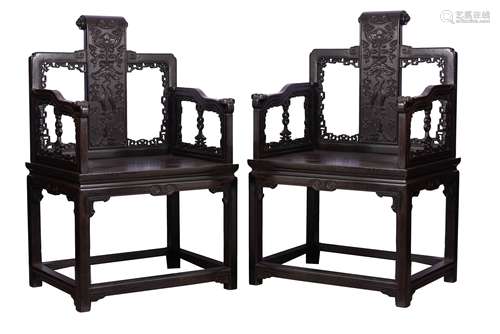 PAIR OF CARVED ZITAN WOOD ARMCHAIRS