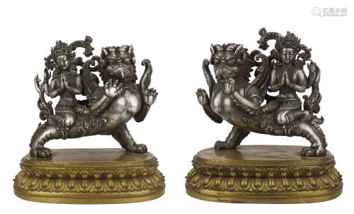 LARGE PAIR SILVER PROTECTORS WITH GILT BASE