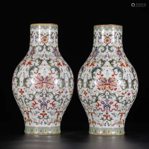 PAIR OF FAMILLE ROSE 'LOTUS' PORCELAIN VASES, QIANLONG