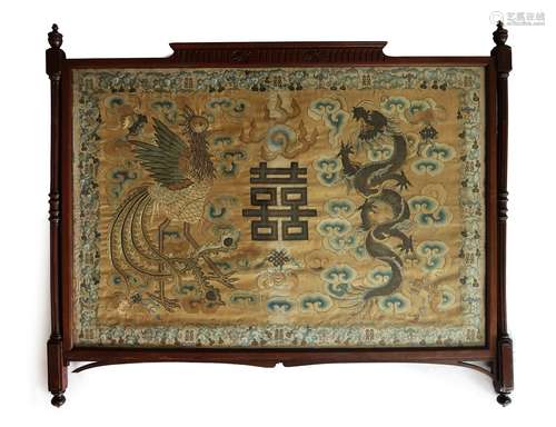 LARGE SILK EMBROIDERED DRAGON&PHOENIX PANEL IN FRAME