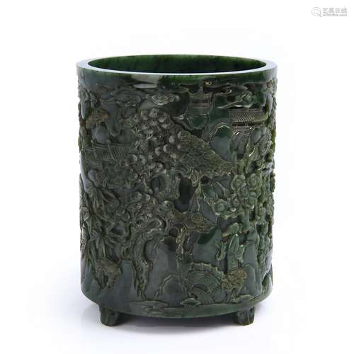 INTRICATELY CARVED SPINACH JADE 'FIGURAL' BRUSH POT