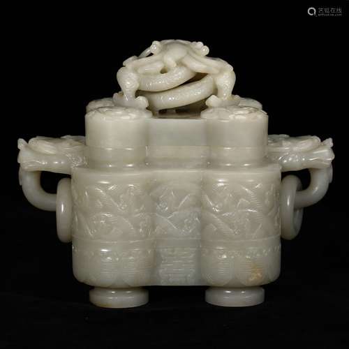 IMPERIAL HETIAN JADE ARCHAISTIC CENSER AND COVER, QIANL