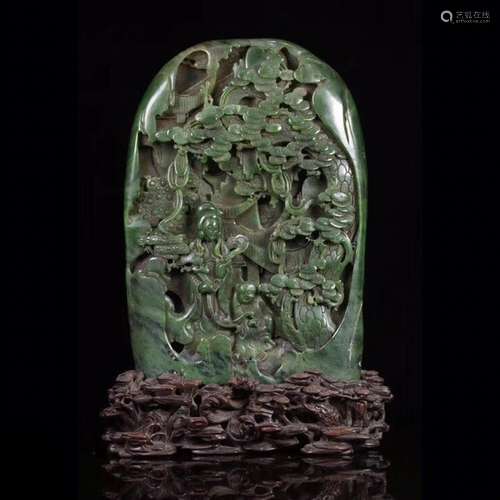 FINELY CARVED HETIAN SPINACH JADE 'FIGURAL' BOULDER