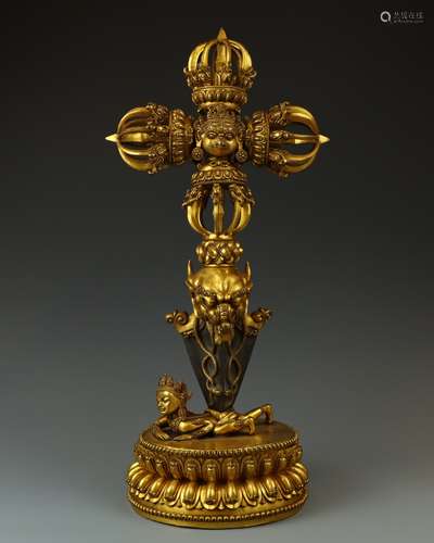 LARGE RARE GILT BRONZE VAJRA WITH INSCRIPTION