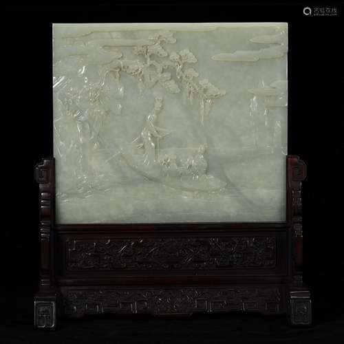 QING FINELY CARVED JADE 'FIGURAL' TABLE SCREEN ON STAND