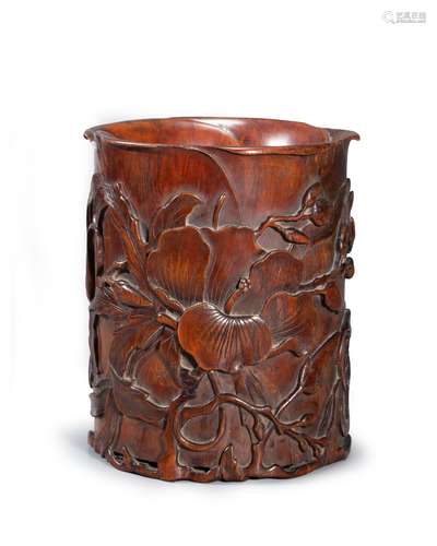 CARVED HUANGHUALI 'PEONY' BRUSH POT