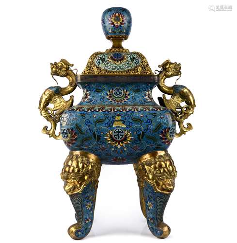 CLOISONNE ENAMEL DOUBLE-HANDLED INCENSE BURNER,