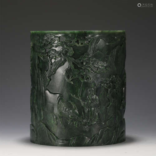 A FINE CARVED SPINACH GREEN JADE BRUSHPOT