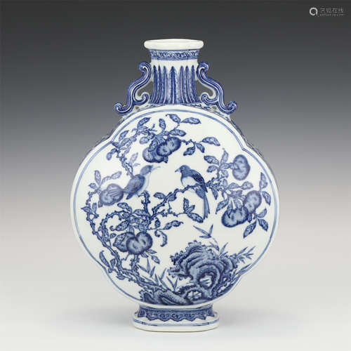 A BLUE AND WHITE PEACHES AND BIRDS MOON FLASK