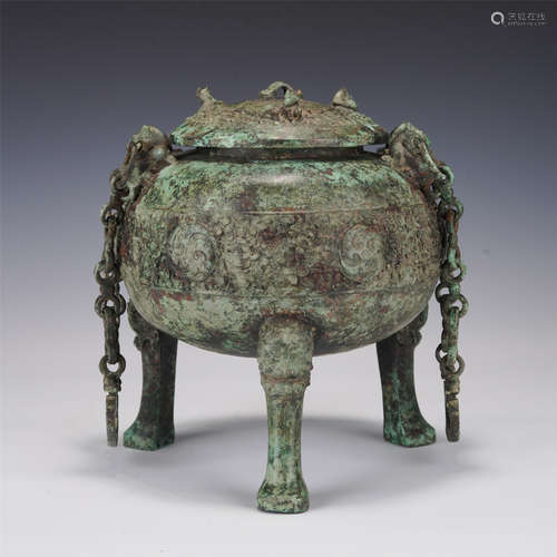 A BRONZE TRIPOD CENSER WITH COVER