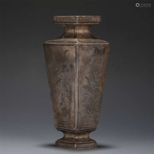 AN INCISED SILVER LOZENGE VASE