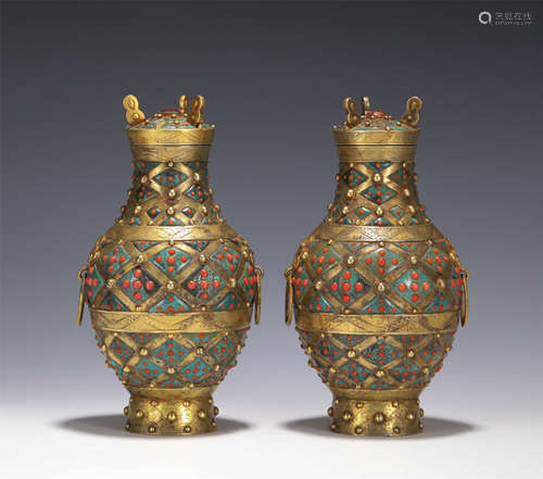 PAIR HARDSTONES INLAID BRONZE VASES