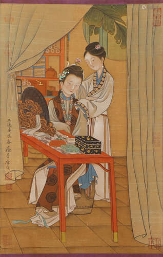 A CHINESE PAINTING OF BEAUTIES IN THE ROOM