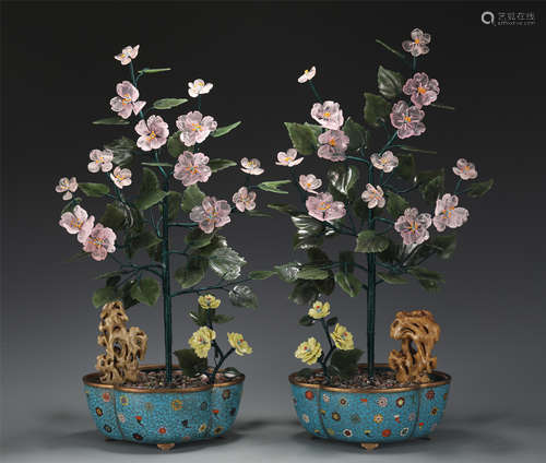 PAIR HARD-STONES DECORATED CLOISONNE ENAMLE BONSAI