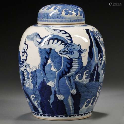 A BLUE AND WHITE BEAST JAR WITH COVER.18/19TH C.