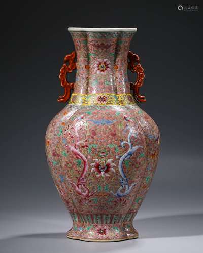 A FAMILLE ROSE FLORAL SCROLLS VASE WITH MARK