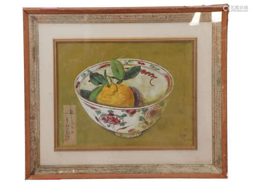 A OIL PAINTING OF ORANGE AT FAMILLE VERTE BOWL SIGNED