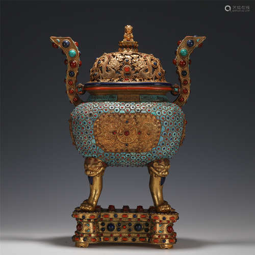 A HARDSTONES INLAID GIL-BRONZE INCENSE BURNER