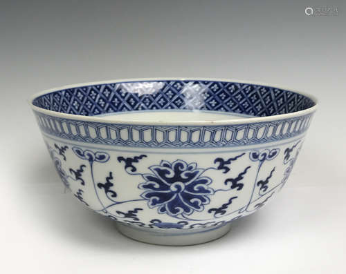 A BLUE AND WHITE LOTUS SCROLLS BOWL