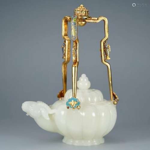 A CARVED WHITE JADE TEAPOT WITH BRONZE-GILT HANDLE