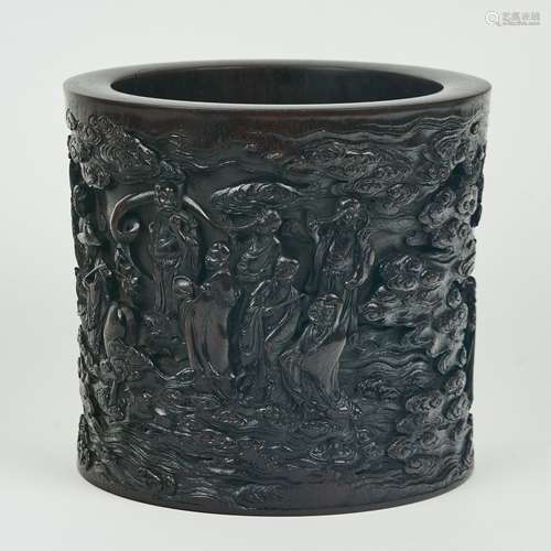 A CARVED ZITAN WOOD IMMORTAL GROUP BRUSHPOT