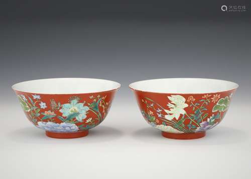 PAIR FAMILLE ROSE FLORAL BOWLS