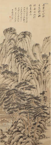 A CHINESE PAINTING HANGING SCROLL OF HUT IN WOOD