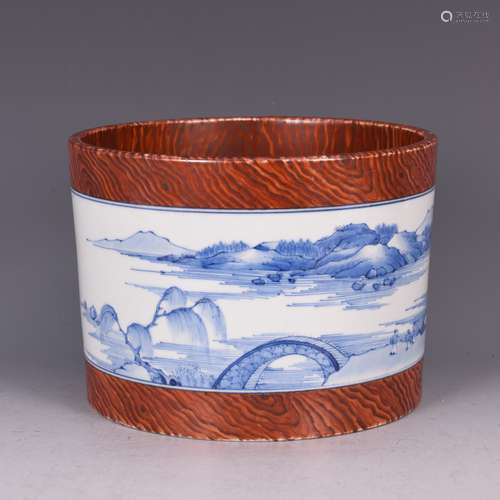 A FAUX BOIS AND UNDERGLAZE BLUE BRUSHPOT