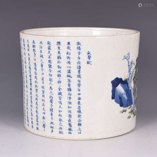 BIUE AND WHITE WUCAI PORCELAIN BRUSH POT WITH MARK