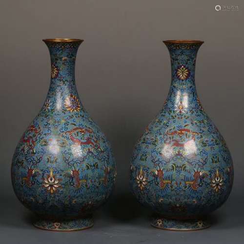 PAIR CLOISONNE ENAMEL VASES YUHUCHUNPING