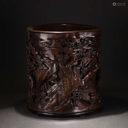 A FINE CARVED ALOES-WOOD LANDSCAPE BRUSH-POT