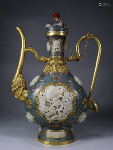 A JADE INLAID CLOISONNE ENAMEL EWER