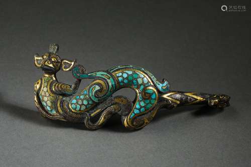 A TURQUOISE INLAID BRONZE BELTHOOK