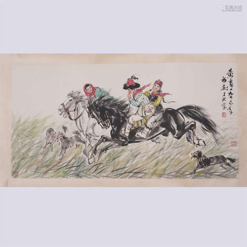 A CHINESE PAINTING OF MINORITY FIGURE ON HORSES