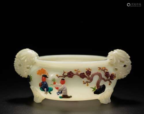 A HARDSTONES INLAID WHITE JADE WATERPOT