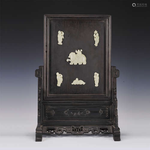 A CARVED WHITE JADE INLAID ROSEWOOD TABLE SCREEN