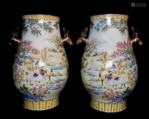 LARGE PAIR PAINTED ENAMEL ZUN VASE