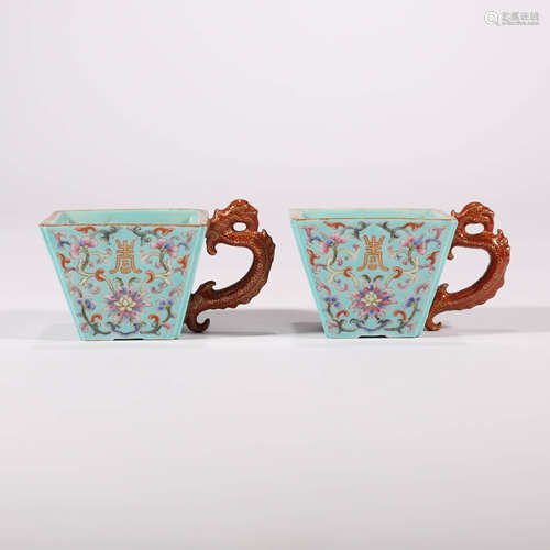 A Pair of Viridis Ground Floral Porcelain Dragon Handle Cups