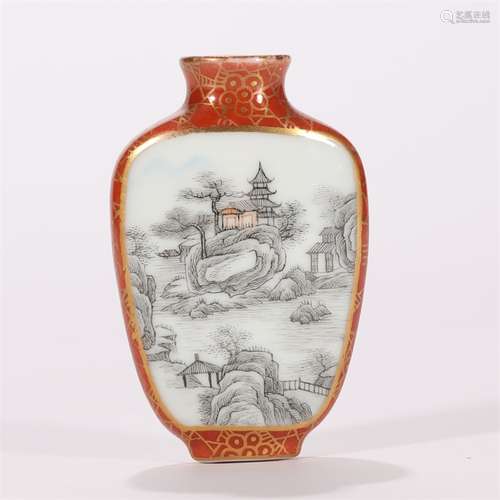 A Coral Red Glaze Light Colorful Landscape Porcelain Inscrib...