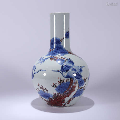 A Blue&White Underglazed Red Pine&Crane Pattern Porcelain Ti...