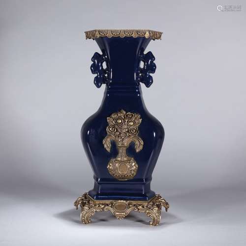 A Bronze Inalid Altar Blue Glaze Porcelain Double Ear Hexago...