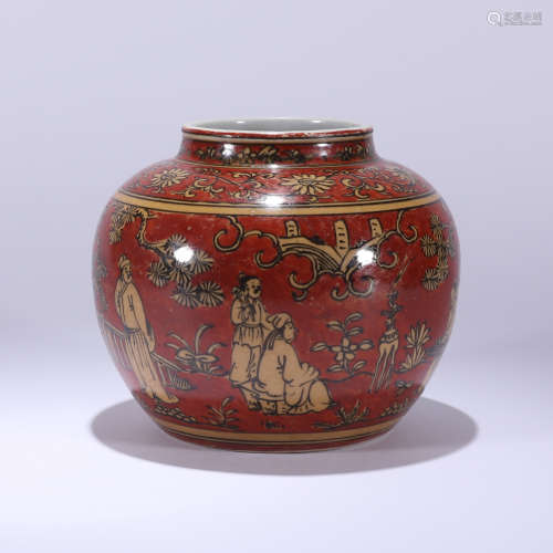a Red Glazr Figures Painted Porcelain Jar