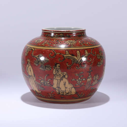a Red Glazr Figures Painted Porcelain Jar