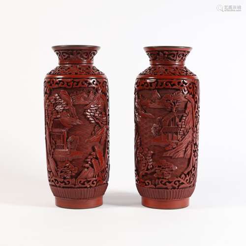 A Pair of Landscape&pavilion Carved Red Lacquerwork Vases