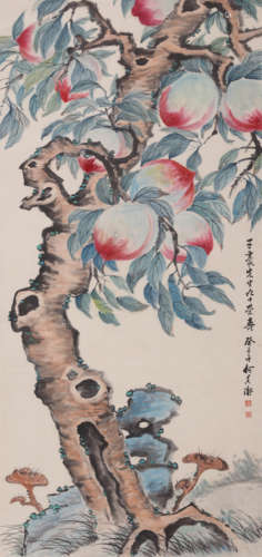 A Chinese Peach Painting, He Xiangning Mark