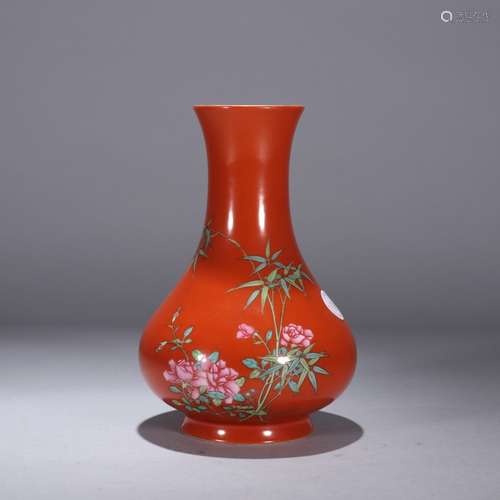 A Coral Red Glaze Floral Gilt-inlaid Porcelain Inscribed Vas...